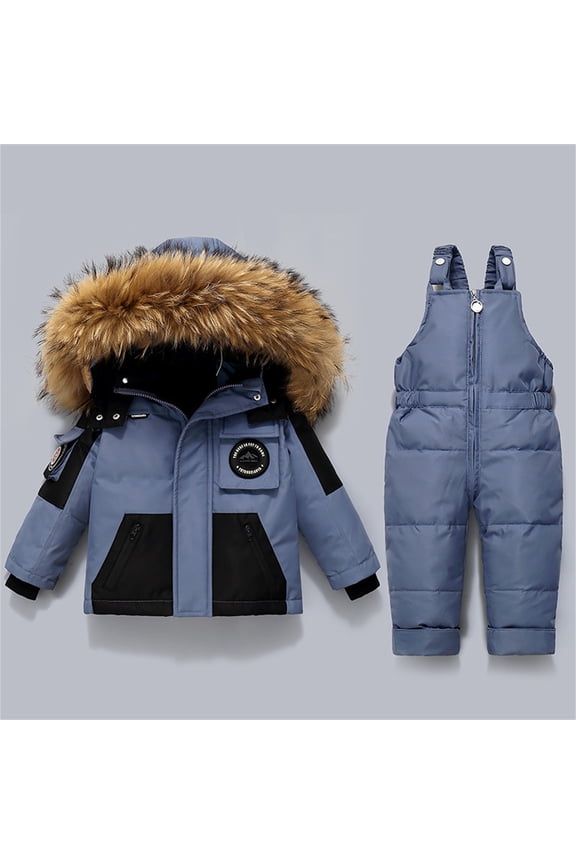 Toddler 2 Piece Ski Suit Set, Hooded Windproof Waterproof Puffer Jacket and Bib Pants, Boys Girls Fleece Ski Outfit (Blue, 12-18 Months)