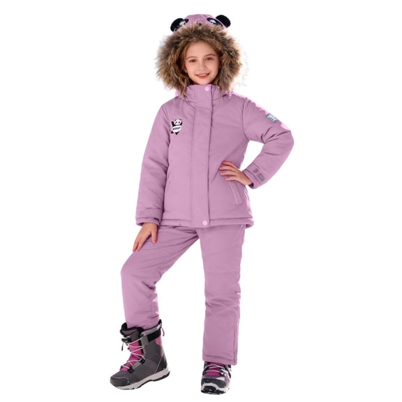 XIMIN Toddler 2 Piece Snow Suit Cute Panda Ear Ski Overalls Sets Kids Winter Insulated Fleece Jacket with Faux Fur Trim Hood Waterproof Warm Down Bibs Overalls