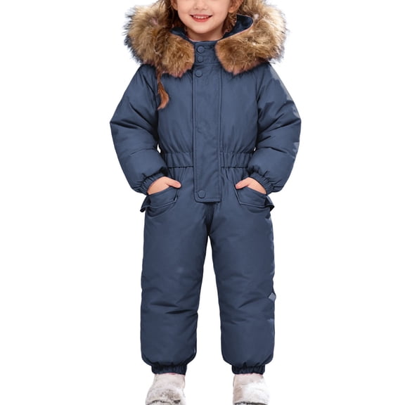 XIMIN Toddler 2Pcs Snow Suits Kids Down Jacket Winter Puffer Padded Snowsuit Girls Boys Faux Fur Hooded Coat  Snow Bib Pants Jumpsuits Waterproof Windproof Clothes