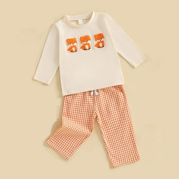 XIMIN Toddler Baby Boy Halloween Outfit Cute Fox Embroidery Crewneck Sweatshirt Long Sleeve Shirt Top Elastic Waist Plaid Pants Set Trendy 2 Piece Outfit Fall Clothes