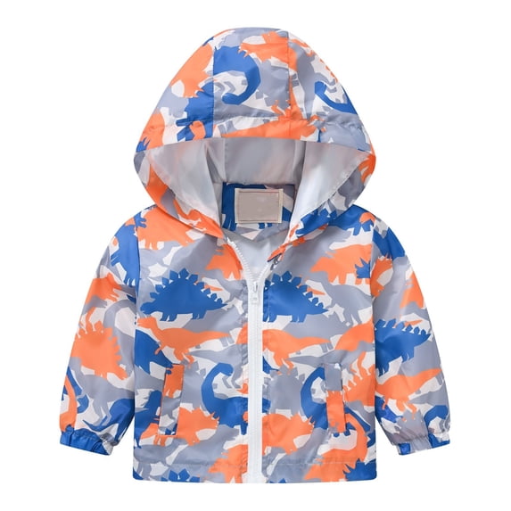 XIMIN Toddler Baby Cartoon Dinosaur Print Jacket Girls Boys Cute Cartoon Windbreaker Coats Rain Jacket Hooded Zip Lightweight Hooded Windbreakers Outdoor Raincoat Outerwear