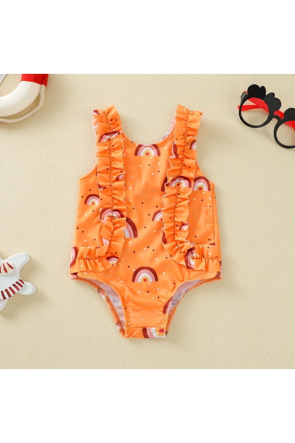 Toddler Baby Girl Swimwear One Piece Print Ruffles Bathing Suits Girls Ruffle Sleeveless Swimming Bikini Beach Sport Swimwear (12-18 Months, Yellow)