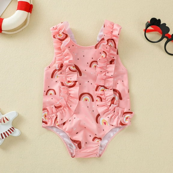 XIMIN Toddler Baby Girl Swimwear One Piece Print Ruffles Bathing Suits Girls Ruffle Sleeveless Swimming Bikini Beach Sport Swimwear (2-3 Years, Pink)