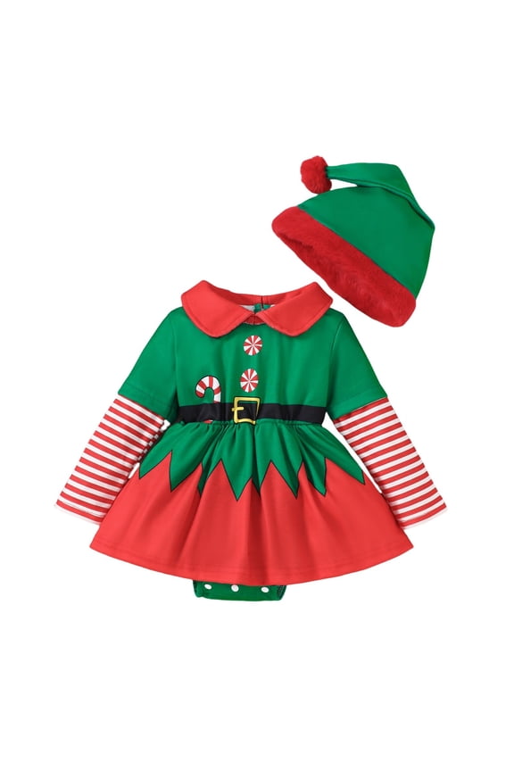 Toddler Baby Girls Christmas Outfits Elf Romper Xmas Dresses Long Sleeve Print Xmas Outfit with Hats Holiday Dresses Infant Fall Winter Clothes