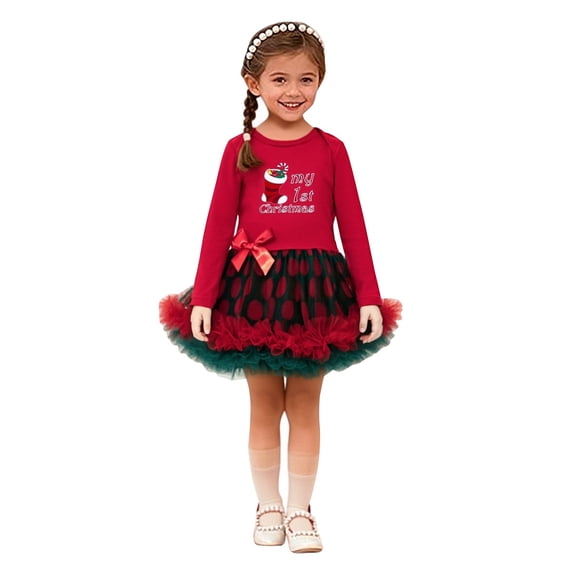 XIMIN Toddler Baby Girls Christmas Romper Tutu Dress with Bows Headband Tulle Layered Long Sleeve Skirt Infant Cute Crewneck Holiday Party Dresses