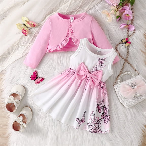 XIMIN Toddler Baby Girls Dress and Cardigan Set Infant Ruffle Floral Shrug Coat Butterfly Print Skirt Toddler Long Sleeve Outfit Outdoor Streetwear (6-9 Months, Pink)