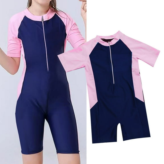 XIMIN Toddler Baby Girls One Piece Sun Rash Guard Swimsuit Kid Water Sport Zip Up Short Sleeve Summer Beach Swimwear UPF 50+ Sun Protective (14-18 Years, Red)