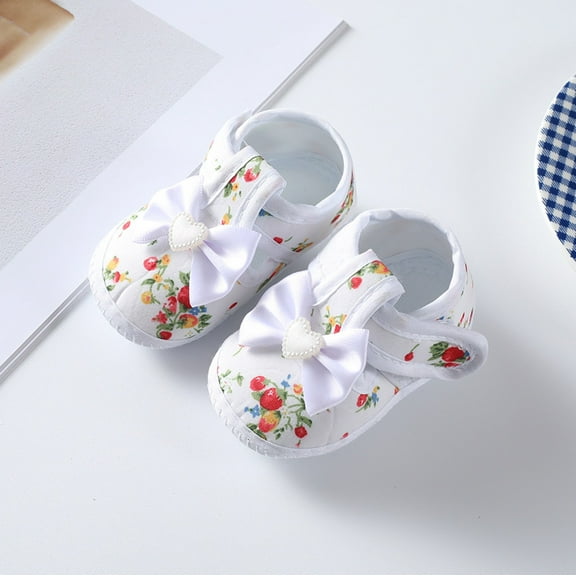 XIMIN Toddler Baby Girls Soft-Soled Shoes Infant Walkers Anti-Slip Shoes Cartoon Strawberry Graphic Print Bow Princess Lightweight Shoes (6-12 Months, White)