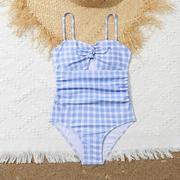 XIMIN Toddler Baby Girls Swimsuit Summer Blue Plaid One Swimsuit Beach Spa Swimwear Girls Swimwear for Summer Outdoor Beach Spaghetti Strap (8 Years, Blue)