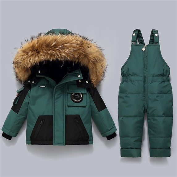 XIMIN Toddler Baby Ski Suit Set Boys Girls 2-Piece Snowsuit Hooded Snow Suit Padded Down Coat Ski Pants Fleece Ski Outfit Windproof Waterproof Puffer Ski Clothes