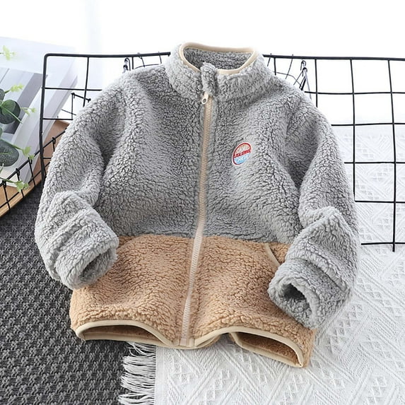 XIMIN Toddler Baby Warm Plush Outwear Long Sleeve Jacket Round Neck Solid Color Jacket Zipper Windproof Kids Girls Fall Winter Coat Stand-Up Collar Tops