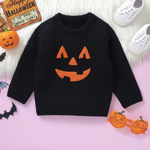 XIMIN Toddler Boy Girl Halloween Sweater Pumpkin Ghost Face Warm Pullover Baby Sweatshirt Long Sleeve Pullover Sweatshirt Knitted Fall Winter Clothes