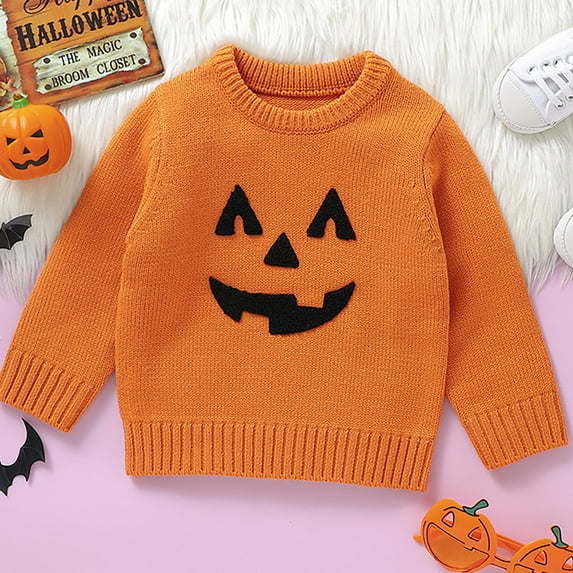XIMIN Toddler Boy Girl Halloween Sweater Pumpkin Ghost Face Warm Pullover Baby Sweatshirt Long Sleeve Pullover Sweatshirt Knitted Fall Winter Clothes