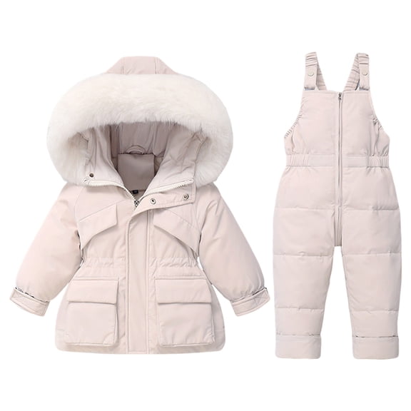 XIMIN Toddler Boy Girl Snowsuit Hooded Mountain Ski Suit Faux Fur Trim Hooded Coat Snow Bib Pants Onesie Winter Waterproof Thermal Snow Set