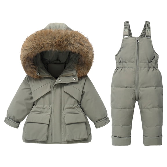 XIMIN Toddler Boy Girl Snowsuit Hooded Mountain Ski Suit Faux Fur Trim Hooded Coat Snow Bib Pants Onesie Winter Waterproof Thermal Snow Set