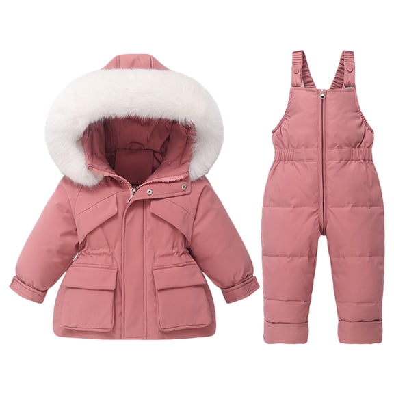 XIMIN Toddler Boy Girl Snowsuit Hooded Mountain Ski Suit Faux Fur Trim Hooded Coat Snow Bib Pants Onesie Winter Waterproof Thermal Snow Set