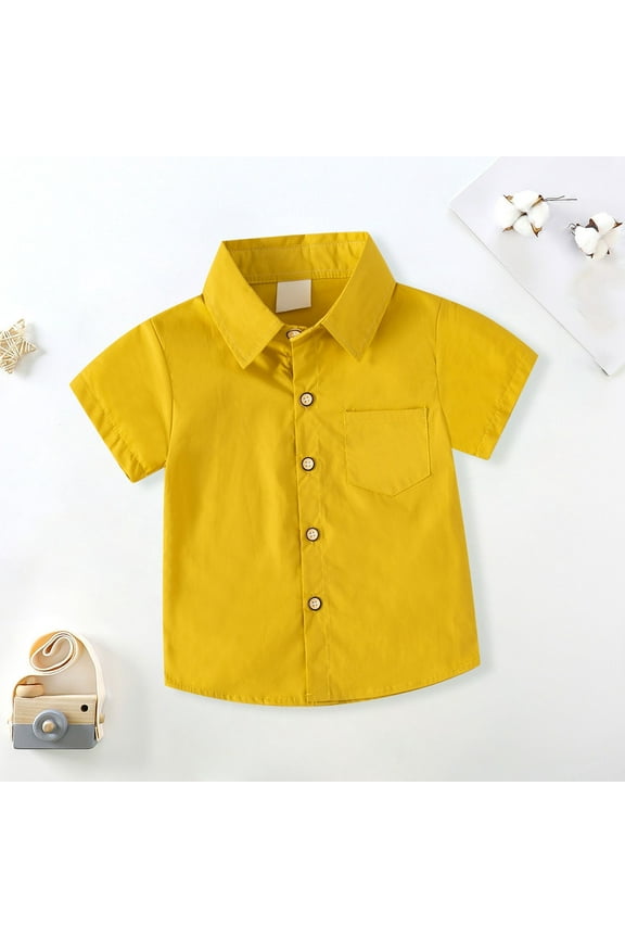 Toddler Boys' Short Sleeve Dress Shirts Cotton Oxford Classical Shirts Summer Casual Button Down Shirts for Little Boy Outwear (3-4 Years, Yellow)