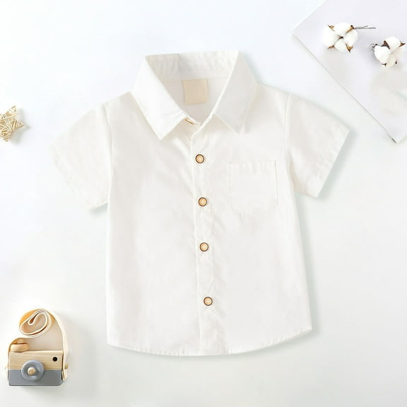 XIMIN Toddler Boys' Short Sleeve Dress Shirts Cotton Oxford Classical Shirts Summer Casual Button Down Shirts for Little Boy Outwear (4-5 Years, White)