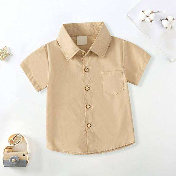 XIMIN Toddler Boys' Short Sleeve Dress Shirts Cotton Oxford Classical Shirts Summer Casual Button Down Shirts for Little Boy Outwear (5-6 Years, Khaki)
