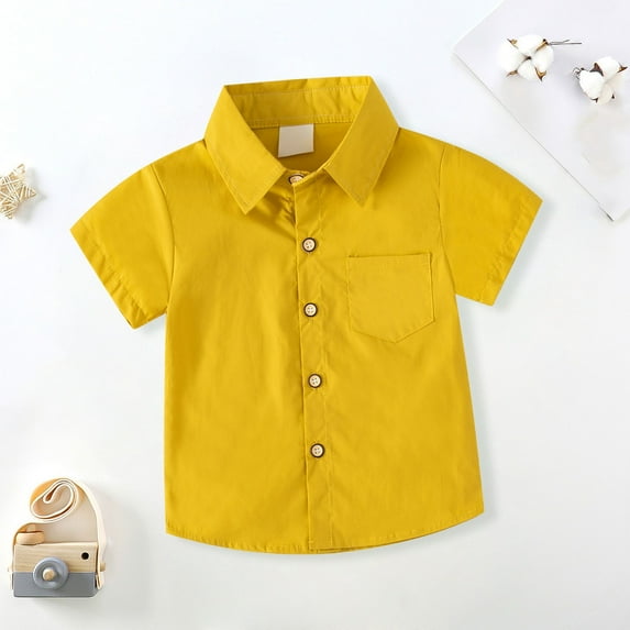 XIMIN Toddler Boys' Short Sleeve Dress Shirts Cotton Oxford Classical Shirts Summer Casual Button Down Shirts for Little Boy Outwear (5-6 Years, Yellow)