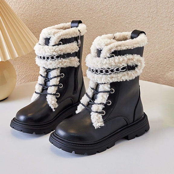 XIMIN Toddler Girl Faux Leather Ankle Boot Toddler Riding Boots with Faux Fur Lining & Lug Sole Kids Lace-Up Side Zipper Leather Winter Boots Dress Riding Boots