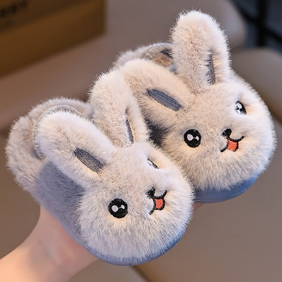 XIMIN Toddler Girl's Bunny Fluffy Lining Slippers Cute Cartoon Soft Sole Baby Comfortable Cotton Slippers with Back Strap Winter Warm Non-Slip Slides