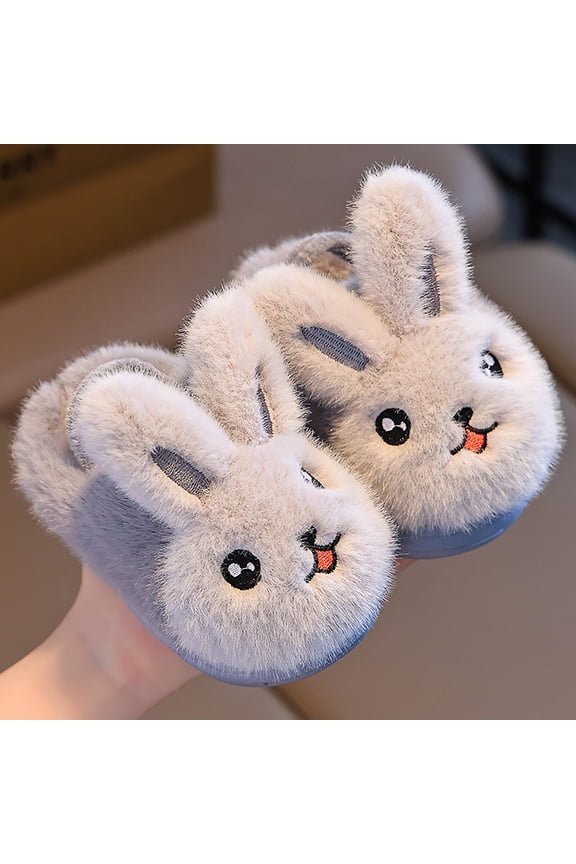 Toddler Girl's Bunny Fluffy Lining Slippers Cute Cartoon Soft Sole Baby Comfortable Cotton Slippers with Back Strap Winter Warm Non-Slip Slides