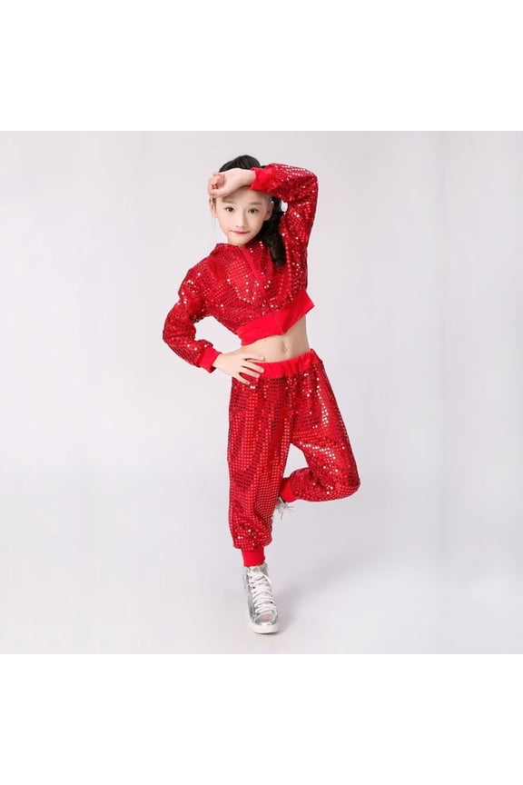 Toddler Girl's Sequin Outfits Long Sleeve Hip Hop Jazz Street Dance Pullover and Pants Set Performance Costume Sports Suits Tracksuit Fall Sets