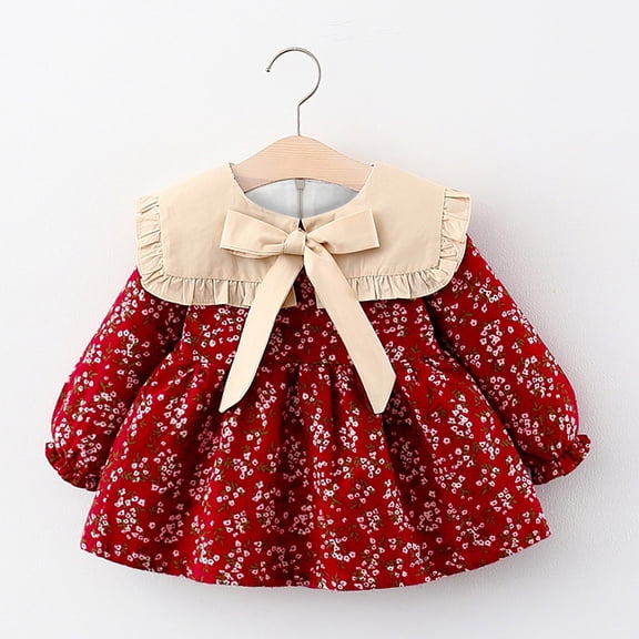 XIMIN Toddler Girl's Winter Padded Crushed Floral Ruffle Sailor Dress Bowknot Neckline Long Sleeve Flared Sleeve Clothes Long Flippy Dress Fall Winter Outfits
