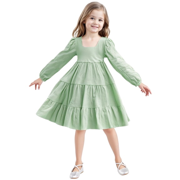 XIMIN Toddler Girls Bohemian Relaxed Fit Cotton Dress Long Sleeve Crew Neck Fall Dress Floral Flowy Dresses Solid Color Casual Clothes Tiered Cocktail Dress