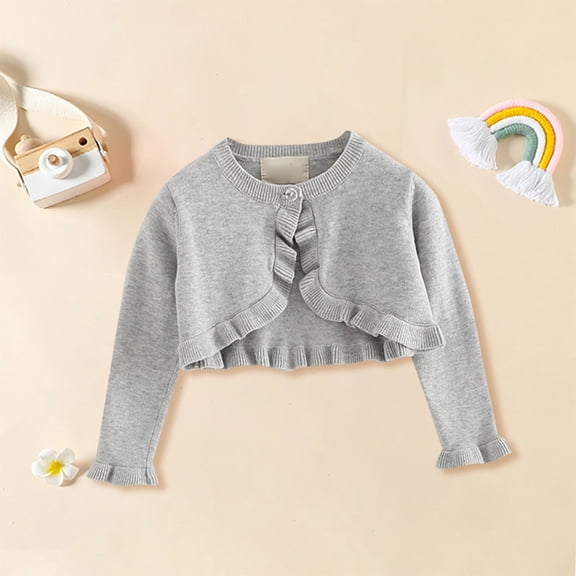 XIMIN Toddler Girls Cardigan Sweater Bolero Solid Color Shrug Baby Kids Long Sleeve Cropped Dress Up Button Closure Jacket Tops Summer (4-5 Years, Grey)