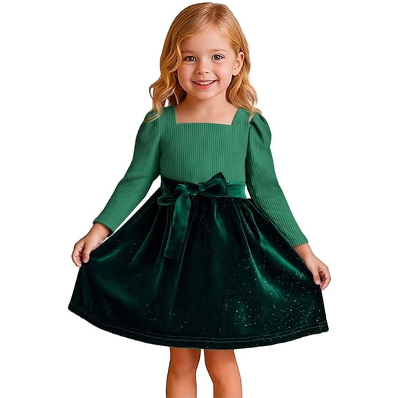 XIMIN Toddler Girls Christmas Outfit Square Necked Tulle Dress Elegant Princess Long Sleeves Sequin Tutu Dresses Fall Winter Party Holiday Smocking Dress