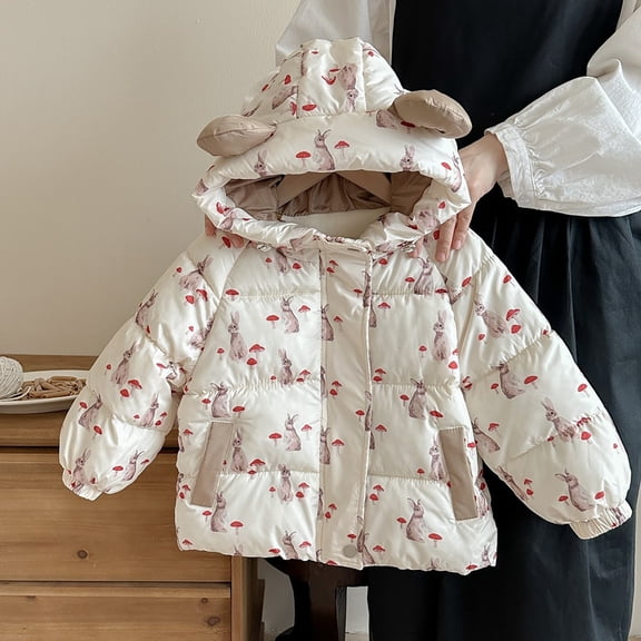 XIMIN Toddler Girls Coats Long Sleeve Kids Warm Coat Puffer Quilted Hooded Bear Print Jacket Packable Casual Lightweight Kids Winter Cute Outerwear