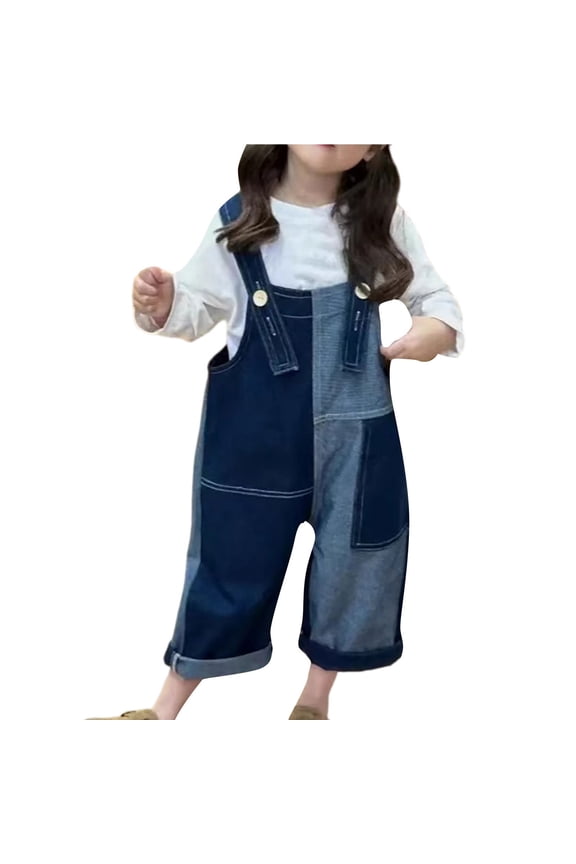 Toddler Girls' Color Block Denim Overalls - Patchwork Jean Overalls with Adjustable Straps & Pockets (Blue, 12-18 Months)