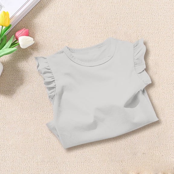 XIMIN Toddler Girls Cute Round Neck Shirts Summer Ruffle Trim Sleeveless Cotton Tank Top Casual Solid Color Tops for Kids Cute Crew Neck Trendy Tee Shirt
