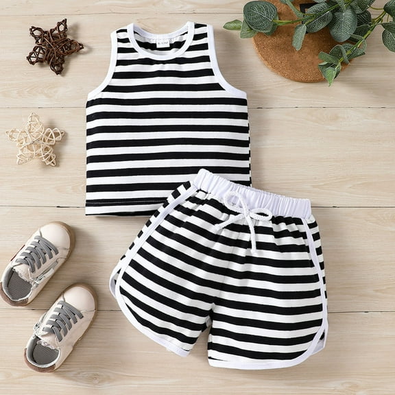 XIMIN Toddler Girls Outfits Striped Vest Top Shorts Sets Kids Casual Sleeveless Tank Tops and Pants Summer Gym Sweatshirt Suit Outfits (6-9 Months, Black)