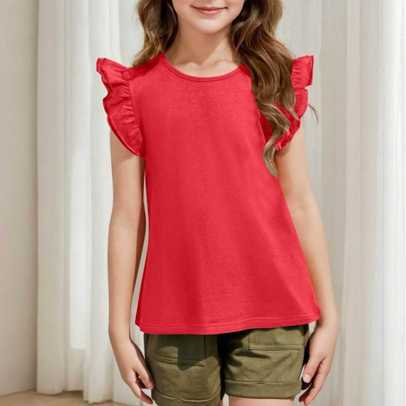 XIMIN Toddler Girls Shirts Baby Girl Ruffle Sleeves Blouse Round Neck Blouse Kids Girl Solid Color Short T-Shirts Basic Cotton Tee Top Casual Cute Clothes