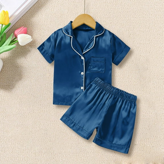 XIMIN Toddler Girls Silk Satin Solid Color Pajamas Set Short Sleeve Sleepwear Button Down Top and Shorts Loungewear Housewear 2 Piece Pjs Set Nightwear (12-18 Months, Blue)