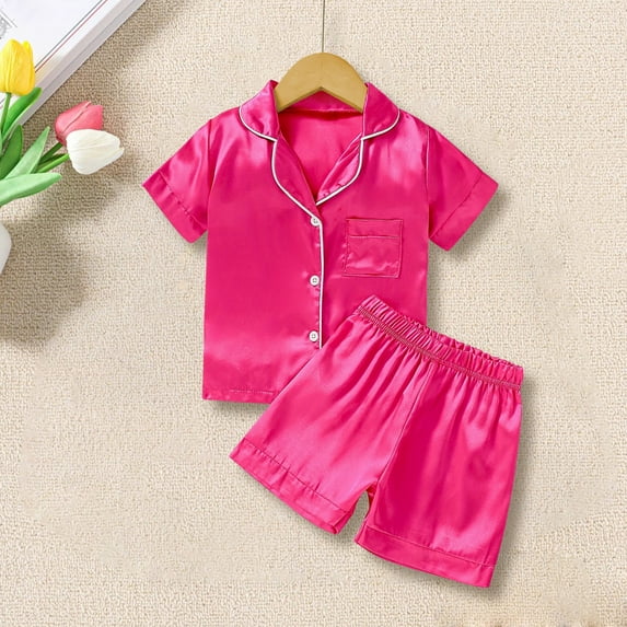 XIMIN Toddler Girls Silk Satin Solid Color Pajamas Set Short Sleeve Sleepwear Button Down Top and Shorts Loungewear Housewear 2 Piece Pjs Set Nightwear (5-6 Years, Hot Pink)