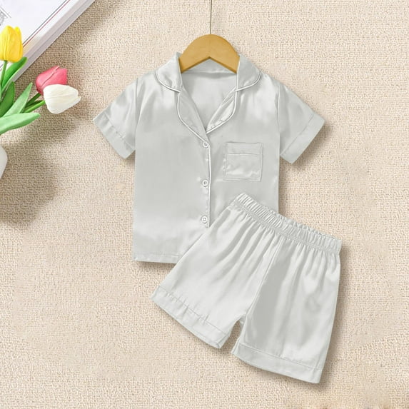 XIMIN Toddler Girls Silk Satin Solid Color Pajamas Set Short Sleeve Sleepwear Button Down Top and Shorts Loungewear Housewear 2 Piece Pjs Set Nightwear (6-12 Months, Silver)