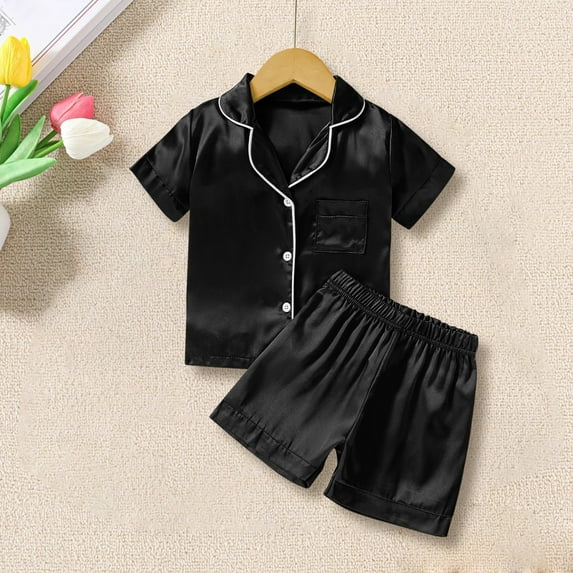 XIMIN Toddler Girls Silk Satin Solid Color Pajamas Set Short Sleeve Sleepwear Button Down Top and Shorts Loungewear Housewear 2 Piece Pjs Set Nightwear (6-12 Months, Black)
