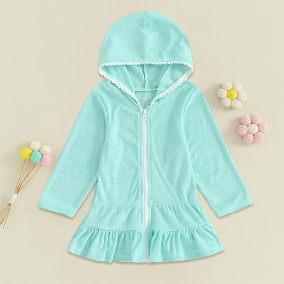 XIMIN Toddler Girls Swim Solid Color Long Sleeve Ruffle Swimsuit Cover Up Kids Swimsuit Coverup Towel Terry Zip-Up Robe Pool Beach Bathing Suit Wraps