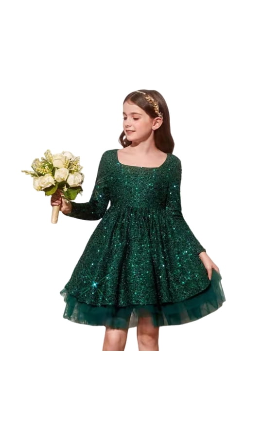 Toddler Girls Velvet Dress Sequin Flower Tutu Winter Toddler Formal Ball Gown Princess Puffy Tulle Dresses Long Sleeve Party Holiday Birthday Christmas Dress