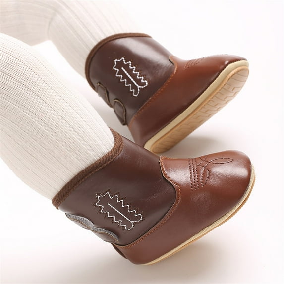 XIMIN Toddler Infant Leather Soft Sole Cowboy Boots Western Boots for Baby Boys Girls Newborn Prewalker Non Slip Shoes with Embroidery (0-3 Months, Coffee)