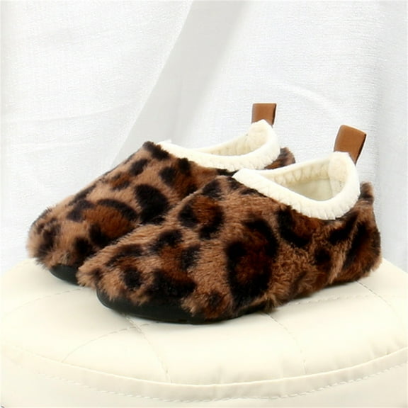 XIMIN Toddler Kids Leopard Print Premium Soft Plush Memory Foam House Slippers Girls Non-Slip Rubber Sole Shoes Lightweight Indoor Outdoor Winter Warm Shoes