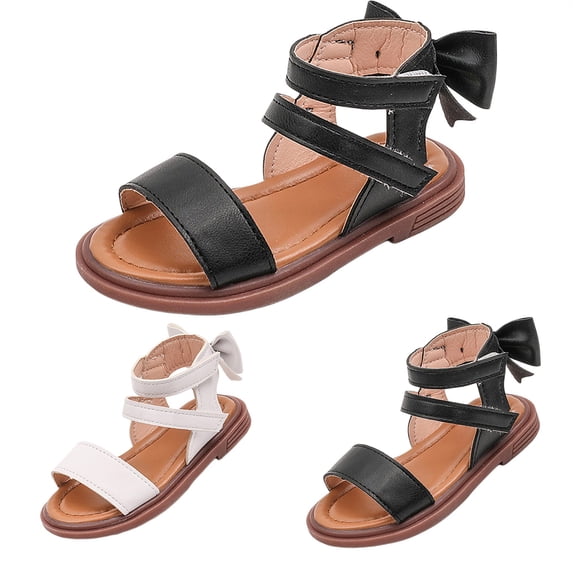XIMIN Toddler Little Girls Open-Toe Sandals with Bow Back Detail Non-Slip Rubber Sole Summer Shoes for Casual Dressy Beach Wear (Black, 12-18 Months)