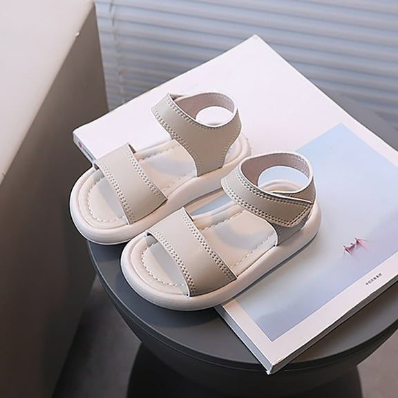 XIMIN Toddler Sandals Solid Soft Soled Boys' and Girls Beach Comfortable Shoes' Leather Sandals Slippers Sandals Casual Double Strap Footbed for Summer (2.5-3 Years, Beige)