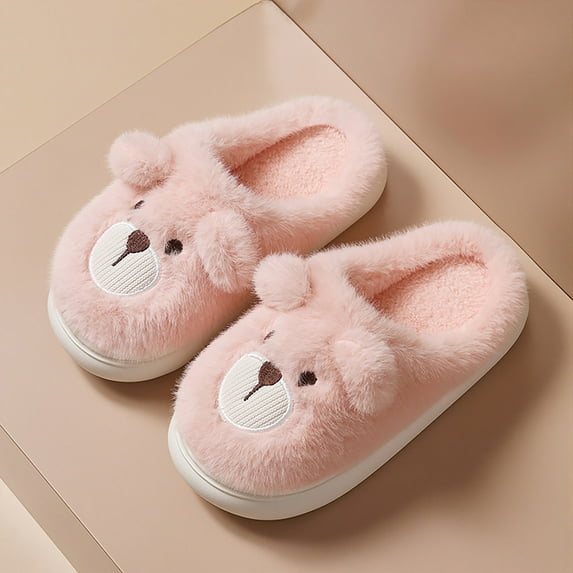 XIMIN Toddlers Kids Anti-slip Platform Shoes Cute Cartoon Fuzzy Bear Pattern Slippers Memory Foam Slip-on Cute Indoor Shoes for Boys Girls Winter Warm Plush Slippers