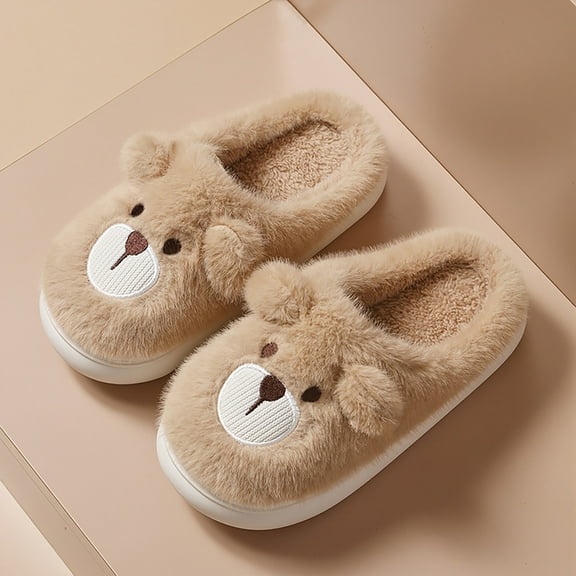 XIMIN Toddlers Kids Cartoon Fuzzy Bear Pattern Cute Slippers Memory Foam Slip-on Anti-skid House Indoor Shoes for Boys Girls Winter Warm Soft Cozy Bedroom Slippers