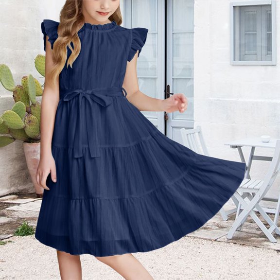 XIMIN Tween Girls Summer Casual Elegant O Neck Daily Dress Cap Sleeve Solid Color Dress Formal Ruffle Sleeve A Line Dresses with Belt High Waist Swing Party Dress